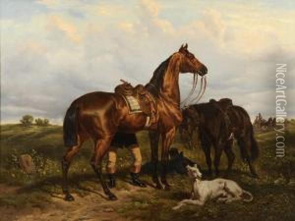 A Groom With Two Horses And A Greyhound Oil Painting - Zimer