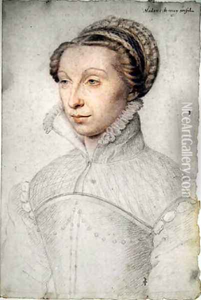 Uncertain portrait of a Lady called Madame de Mouy Siant-Phal, probabely Jeanne de Chantelou (c.1525-after 83), femme de Louis de Vaudrey, seigneur de Mouy et de Saint-Phal, c.1570 Oil Painting - (studio of) Clouet