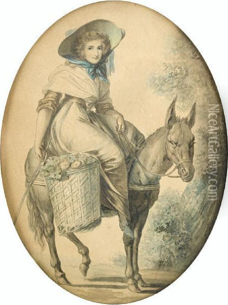 A Lady Riding A Donkey With Panniers Offlowers Oil Painting - Francis Wheatley