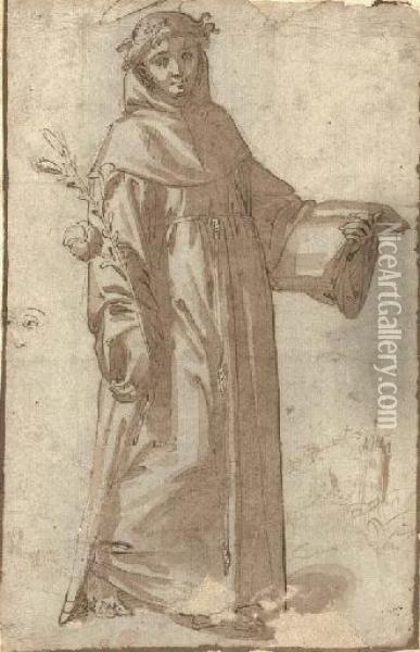 A Dominican Saint With Subsidiary Studies Of A Landscape And A Face Oil Painting - Ridolfi Domenico Di Ghirlandaio