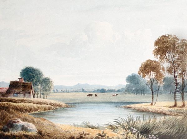 Country Landscape With A Lake And Cattle Oil Painting - Francis Oliver Finch