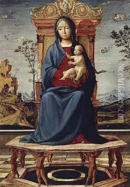 Virgin and Child Enthroned c. 1495 Oil Painting - Lorenzo Costa