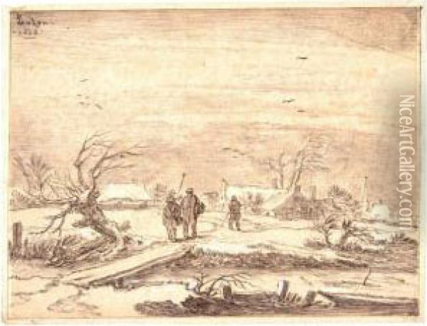 Winter Landscape, With Peasants On A Windswept Road, And A Village Behind Oil Painting - Pieter De Molijn