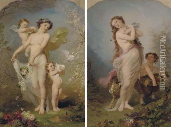 Allegory Of Spring; And Allegory Of Autumn Oil Painting - Andre Charles Voillemot