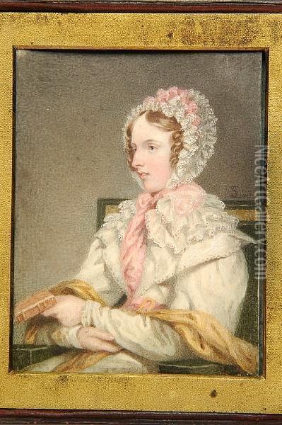 A Young Lady In Near Profile, Wearing A Lace-trimmed Bonnet And Comforter Adorned With Pink Ribbons, Over A White Gown And Gold Coloured Shawl, Seated And Holding A Book Oil Painting - Samuel Lover
