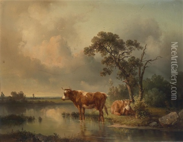 Rastende Kuhe Am Weiher Oil Painting - Edmund Mahlknecht