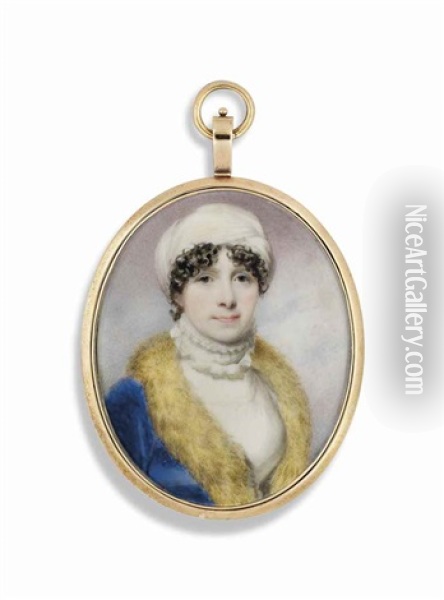 A Lady, In White Dress, Fur-collared Blue Coat, White Turban Oil Painting - William John (Sir) Newton
