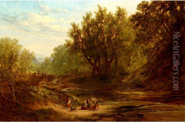 Children Fishing By A Stream Oil Painting - John Milne Donald