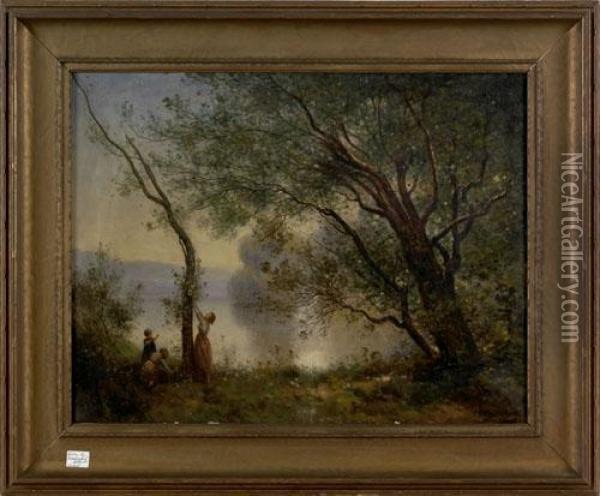 Canvaslandscape With Mother And Children Oil Painting - Charles Grant Beauregard