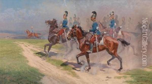 Anreitende Eskadron Des K. U. K. Dragoner Regiments Nr. 4 Oil Painting - Alexander Pock