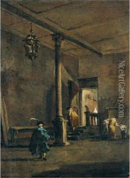 An Architectural Capriccio With Figures Before An Open Door Oil Painting - Francesco Guardi