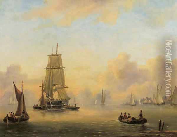 A two-master in a calm, a harbour beyond Oil Painting - Govert Van Emmerik