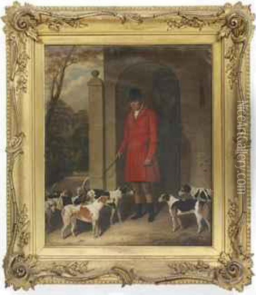 Portrait Of A Huntsman With His Hounds Oil Painting - William Barraud