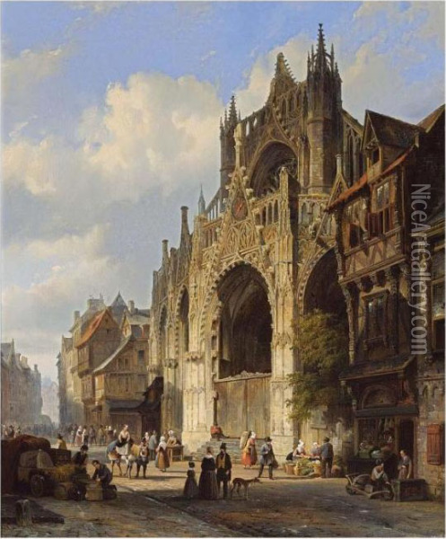 A Market In Front Of St. Maclou Cathedral, Rouen Oil Painting - Cornelis Springer