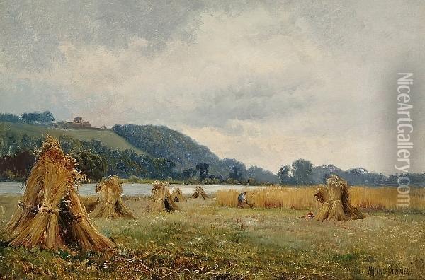 Harvest Time, Quarry Woods From Little Marlow Oil Painting - Alfred de Breanski