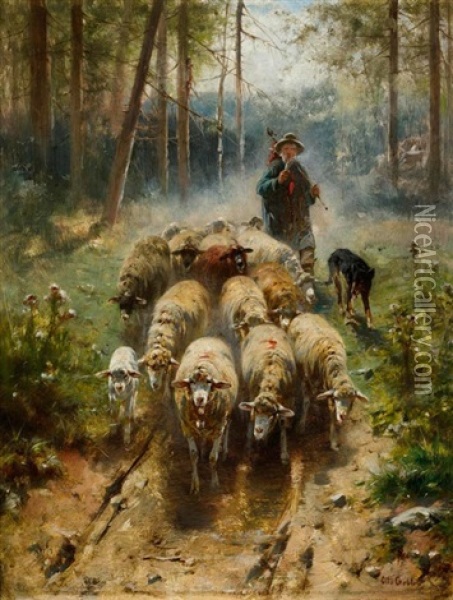 Schafhirte Mit Herde Im Wald Oil Painting - Otto Friedrich Gebler