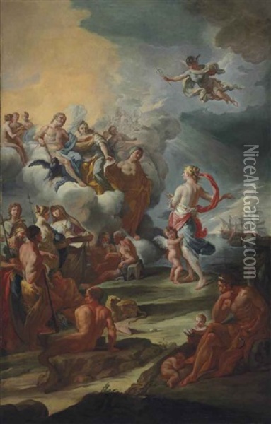 Venus Appealing To Jupiter, Juno And Apollo On Behalf Of A Fleet Oil Painting - Corrado Giaquinto