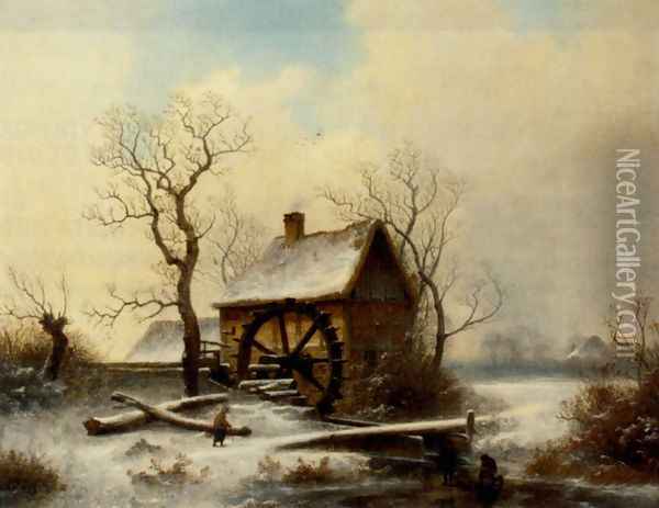 The mill in winter Oil Painting - George Augustsus Williams