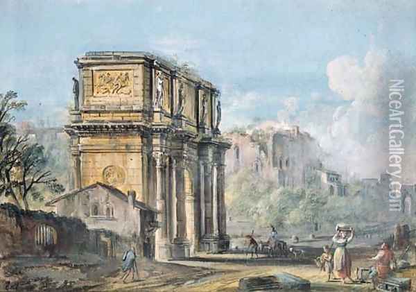 The Forum with the Arch of Constantine, peasants in the foreground Oil Painting - Jean-Baptiste Lallemand
