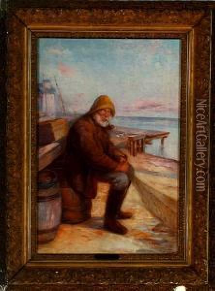An Old Fisherman Repairs His Net Oil Painting - Olaf Simony Jensen