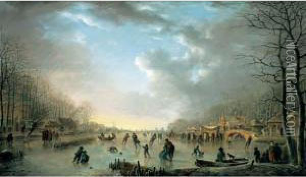Winter Landscape With A Frost Fair And Figures Skating Upon A Frozen River Oil Painting - Andries Vermeulen