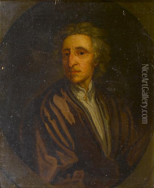 Portrait Of John Locke, 
Half-length, In Apurple Coat And A White Chemise, In A Painted Oval Oil Painting - Sir Godfrey Kneller