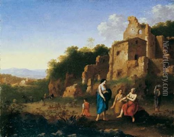 Ruinenlandschaft Mit Nymphen Und Hirten Oil Painting - Cornelis Van Poelenburgh