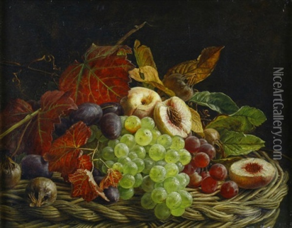 Fruchtestilleben Mit Herbstlaub In Einem Korb Oil Painting - Adelheid Dietrich