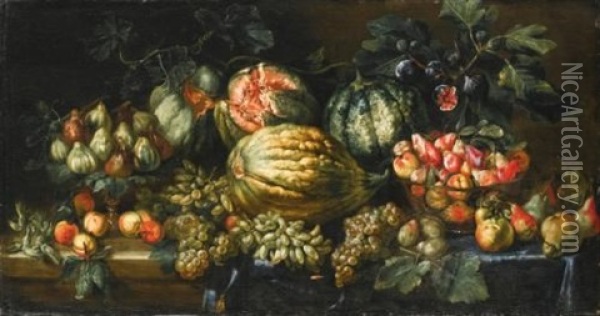A Still Life With Apples, Grapes, Pears, Plums, All On A Partly-draped Ledge With Figs On A Dish And Watermelons Oil Painting - Agostino Verrocchi
