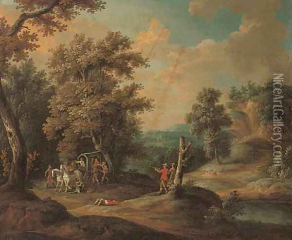 A wooded river landscape with brigands ambushing a carriage Oil Painting - Paul Bril