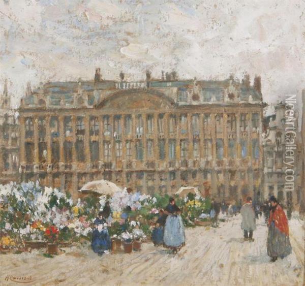 The Flower Market On The Brussels Grote Markt Oil Painting - Hendrick, Henri Cassiers