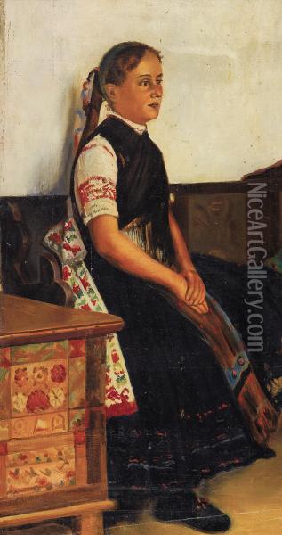 Portrait Of A Young Woman In Traditional Dress Oil Painting - Nikolai Vasilievich Kharitonov