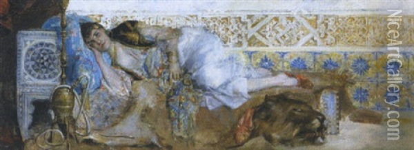 Femme Orientale Au Narghileh Constantinople Oil Painting - Etienne Duval