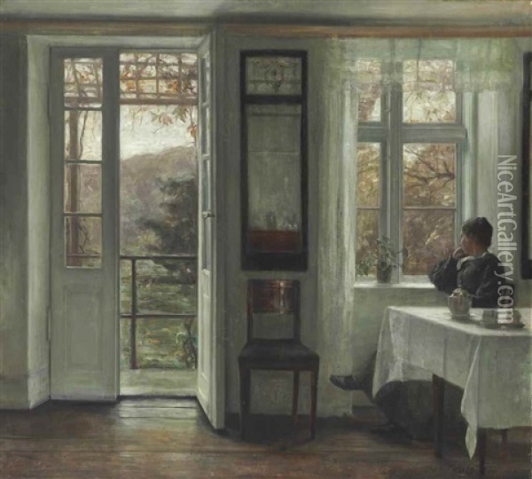 The Artist's Wife Sitting At A Window In A Sunlit Room Oil Painting - Carl Vilhelm Holsoe
