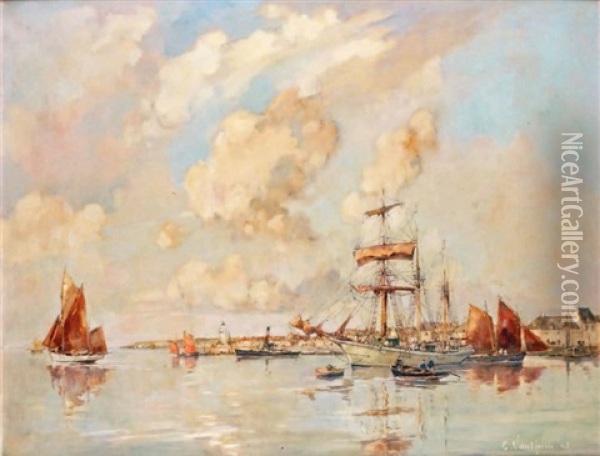 Goelette Dans Le Port De Granville Oil Painting - Ernest Germain Vauthrin