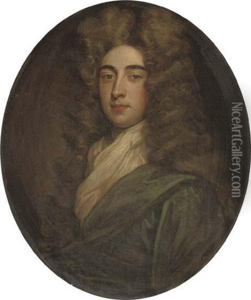 Portrait Of A Gentleman, 
Traditionally Identified As Thomas Hanmer, Bust Length, In A Blue Robe 
And White Cravat Oil Painting - Sir Godfrey Kneller