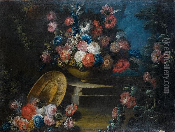 A Pewter Dish, Roses, Bluebells,
 Carnationsand Other Flowers In A Vase On A Stone Ledge In A Garden Oil Painting - Giuseppe Lavagna