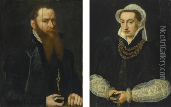 Portrait Of A Bearded Gentleman, Half Length, In A Black Doublet, Holding The Book Of Psalms; Portrait Of A Lady, Half Length In A Black Gown, Holding The Book Of Psalms Oil Painting - Willem Key