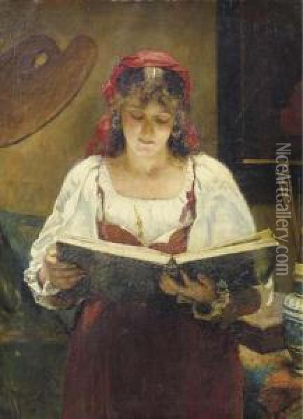 An Italian Beauty Looking At An Album In The Artist's Studio Oil Painting - Pieter Oyens