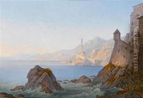 The Harbour At Genoa (+ A View Of The Gulf Of Spezia; Pair) Oil Painting - Georg Wiesend