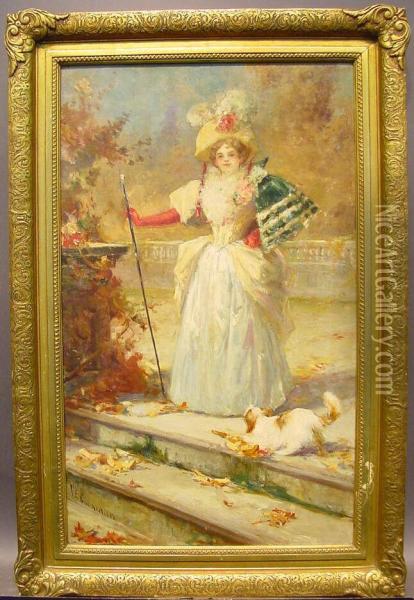 Elegant Woman With Her Dog Oil Painting - Charles Edwin Cookman