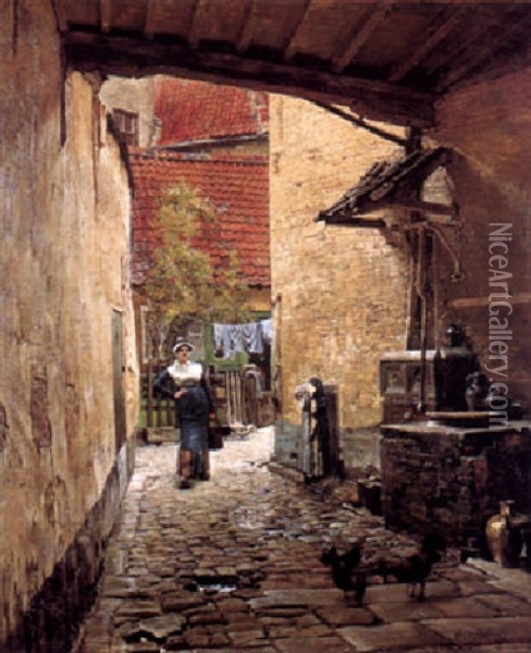 A Quiet Corner In The Dyer's Canal, Antwerp Oil Painting - William Logsdail