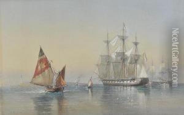 Man-o'-war And Other Shipping 
Off A Distant Harbour, Signed And Dated 1873, Watercolour Heightened 
With White Oil Painting - Sir Oswald Walter Brierly
