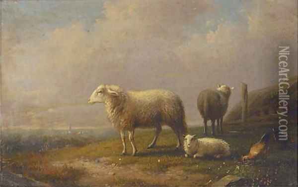 Sheep and chickens in a meadow, a town beyond Oil Painting - Francois Vandeverdonck