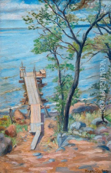 Pier In Summer Landscape Oil Painting - Hugo Simberg