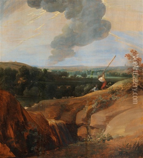 A Rocky Landscape With A Thunderous Sky Oil Painting - Jacques d' Arthois