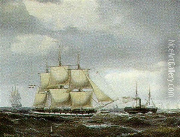 Marine Med Damp- Og Sejlskibe Pa Havet Oil Painting - Carl Julius Emil Olsen