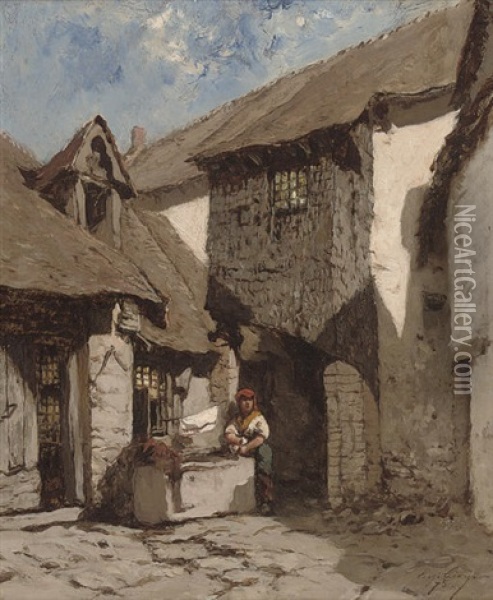 A Washerwoman At The Well Oil Painting - Eugene Ciceri