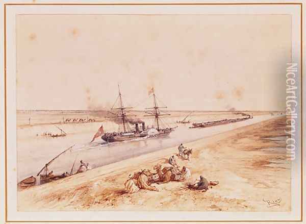 A Turkish Paddle Steamer Going Up the Suez Canal, from a souvenir album to commemorate the Voyage of Empress Eugenie 1826-1920 at the Inauguration in 1869 Oil Painting - Edouard Riou