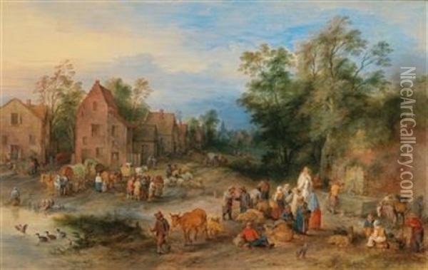 Numerous Peasants With Their Livestock In A Village Oil Painting - Theobald Michau